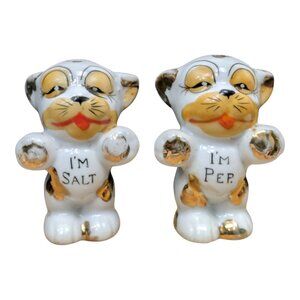 Bonzo Dog Salt Pepper Shaker Set Salt Pep Gold Tone 3“ Made in Japan Vtg Kitsch